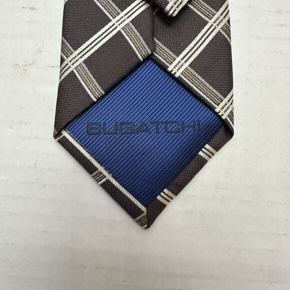 Bugatchi Men's Tie, 100% Silk Italy - Brown Grey Silver Geometric Stripe - Picture 6 of 9
